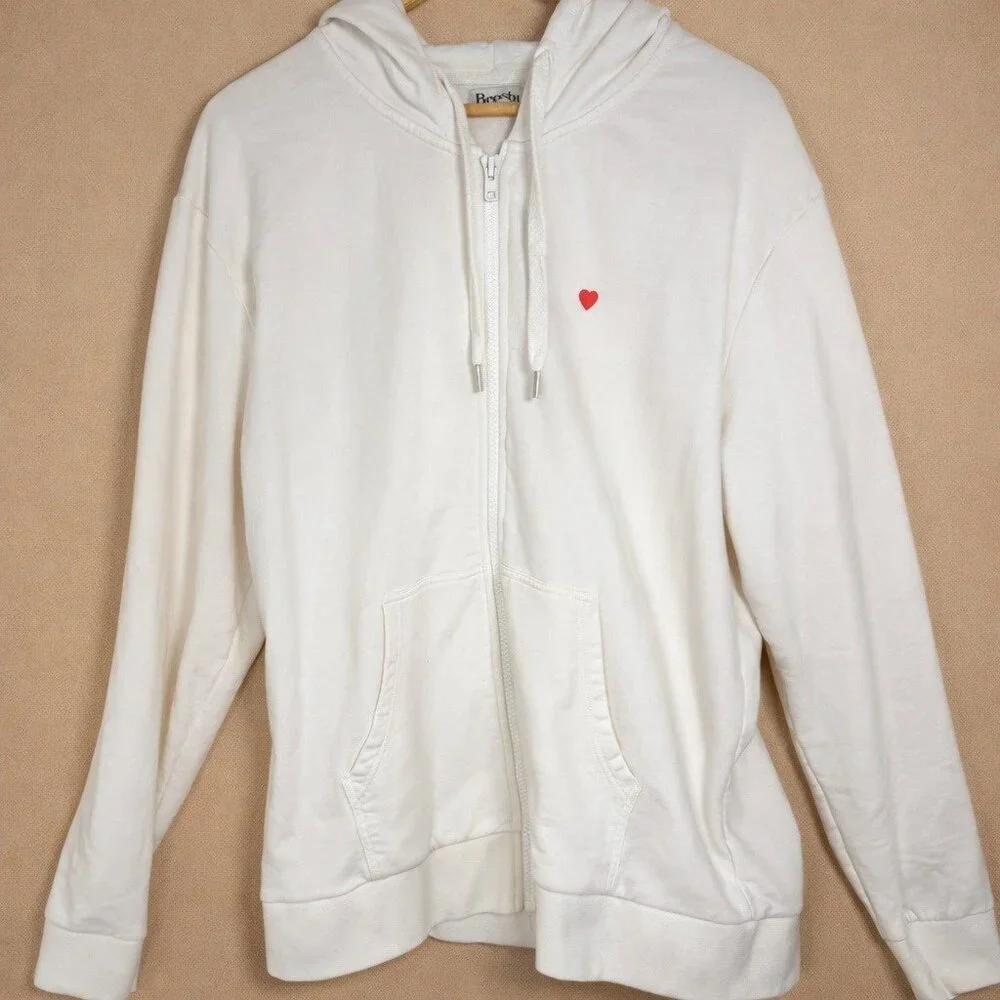 Brosbi White Zip Hoodie Icon Heart Minimalist Streetwear XXL Cotton French Terry